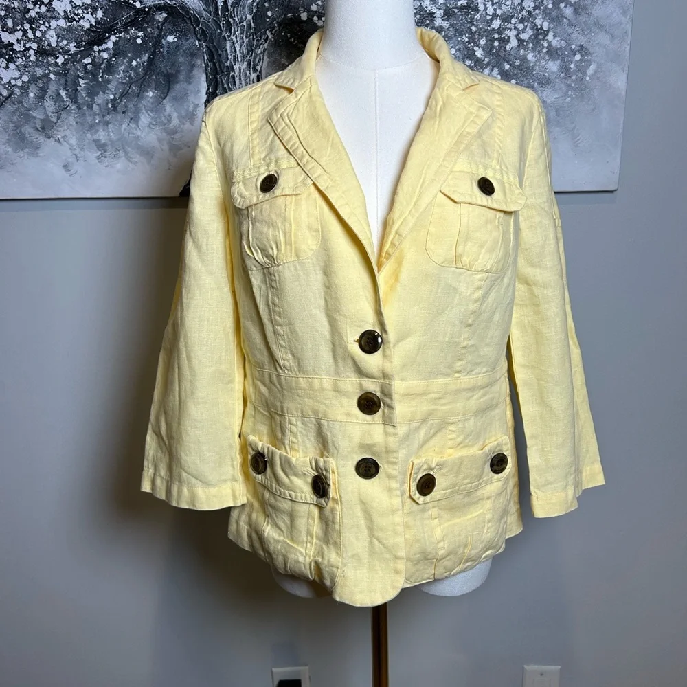 Chico's Yellow linen utility jacket Women's size 0 button front lightweight